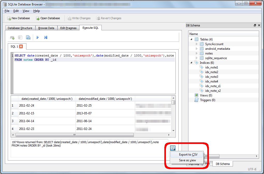 sqlitebrowser exporting colornote.db into .csv file